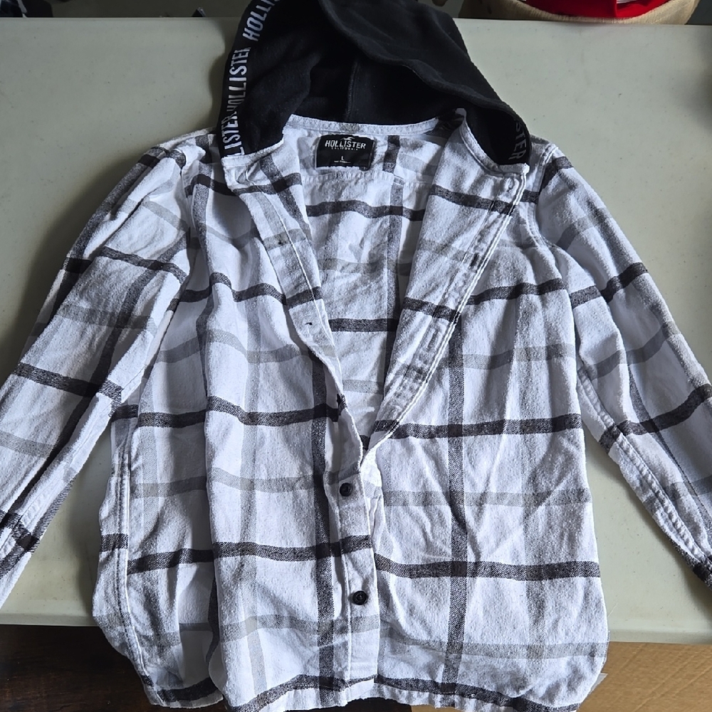 Hollister Black and White Plaid Hoodie Shirt